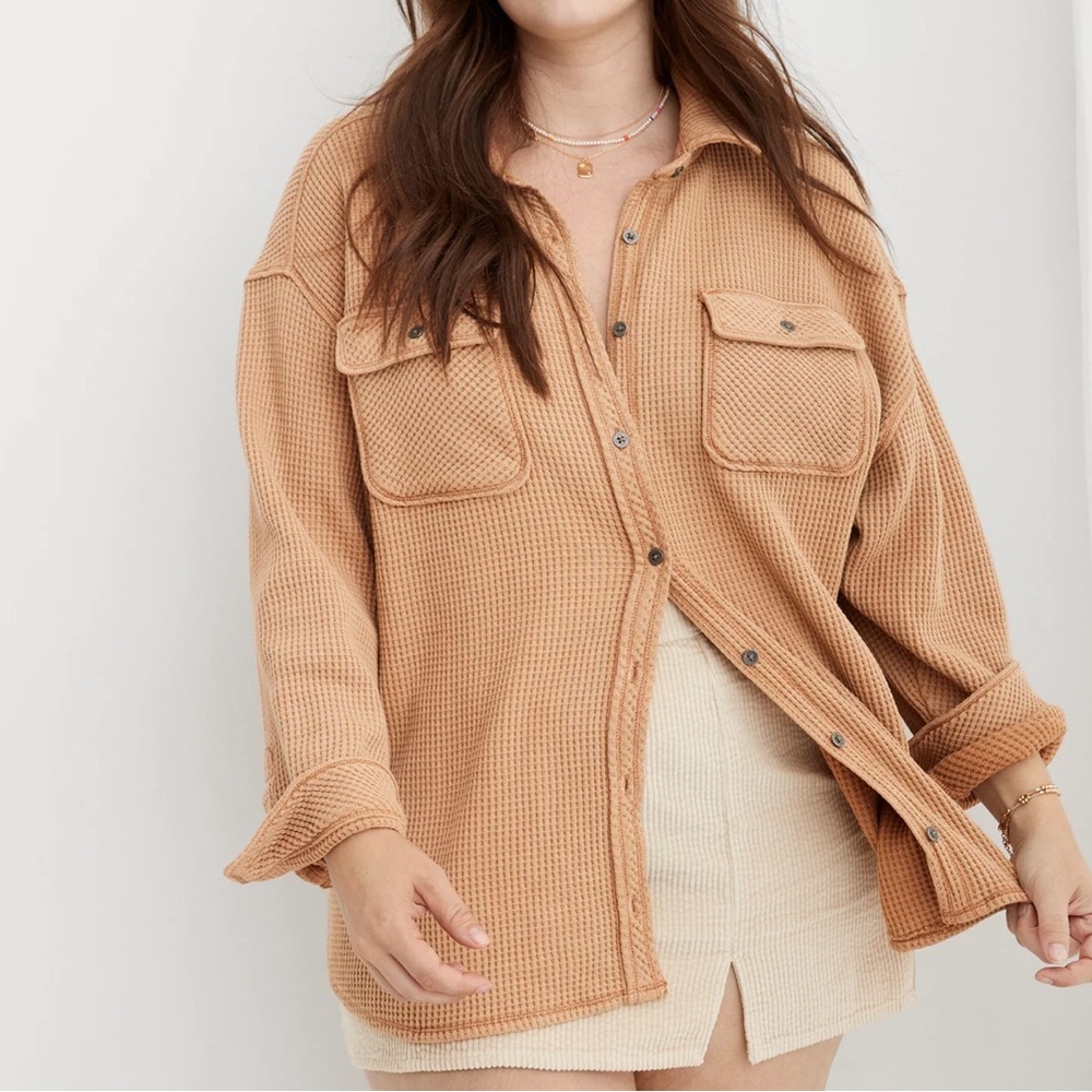 Aerie LumberJane Waffle Shirt in Cappuccino Tan Button Up Oversized Relaxed L